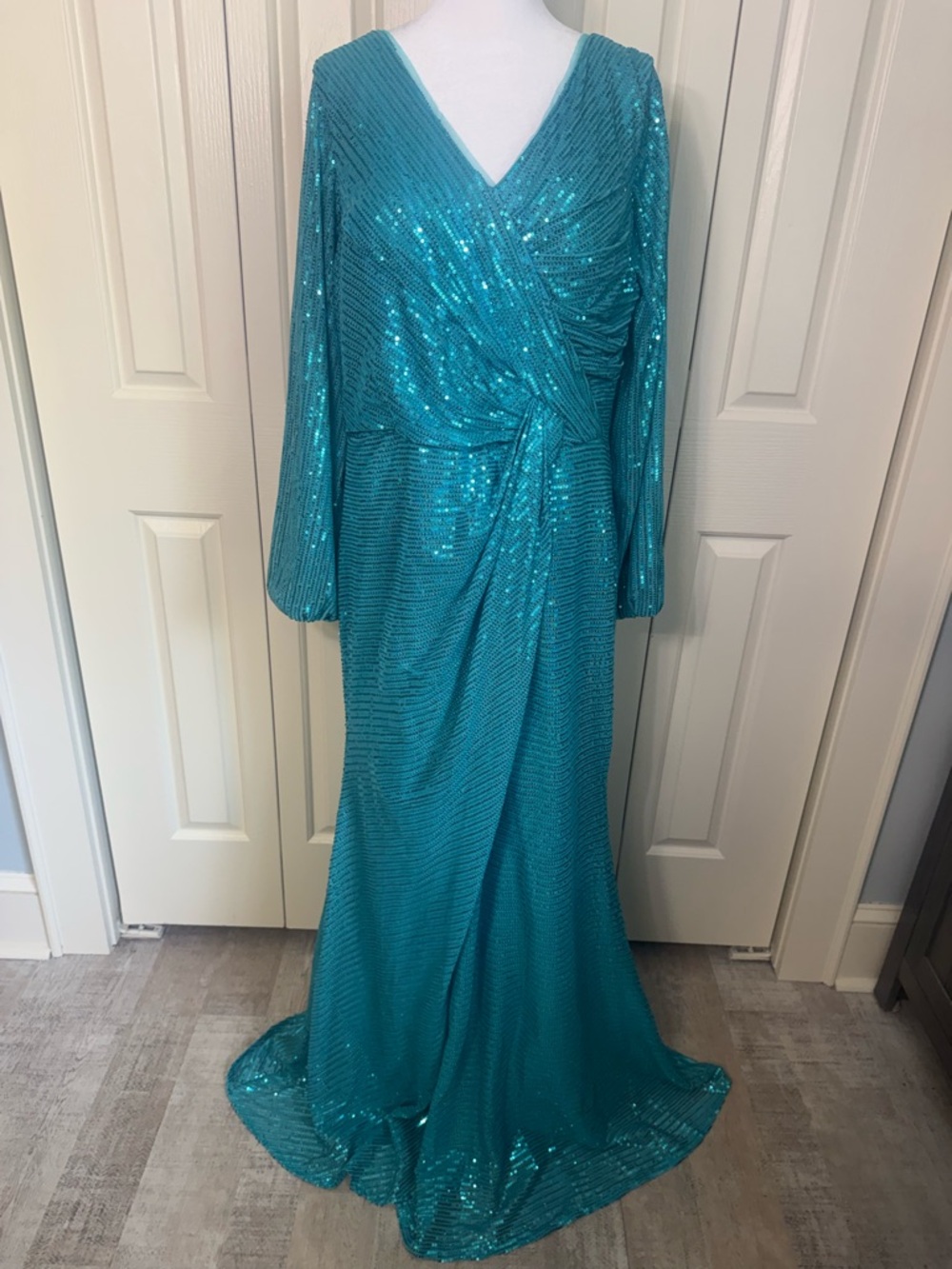 Teal Sequin V-Neck Long Sleeve Evening Dress - Picture 2 of 4